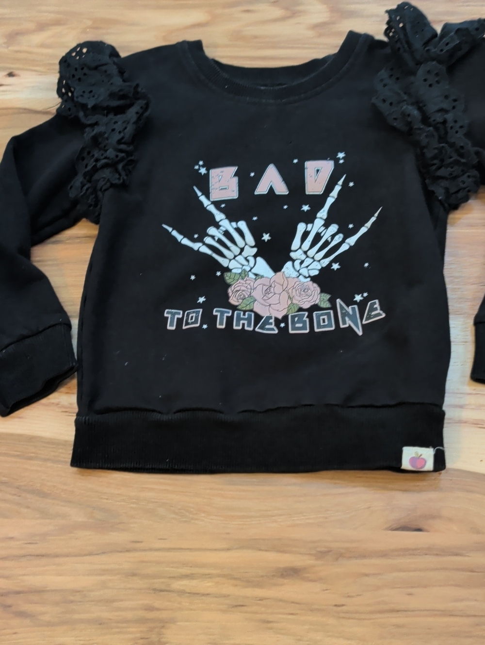 cheeky plum Black Graphic Sweatshirt with Lace Ruffle Sleeves
